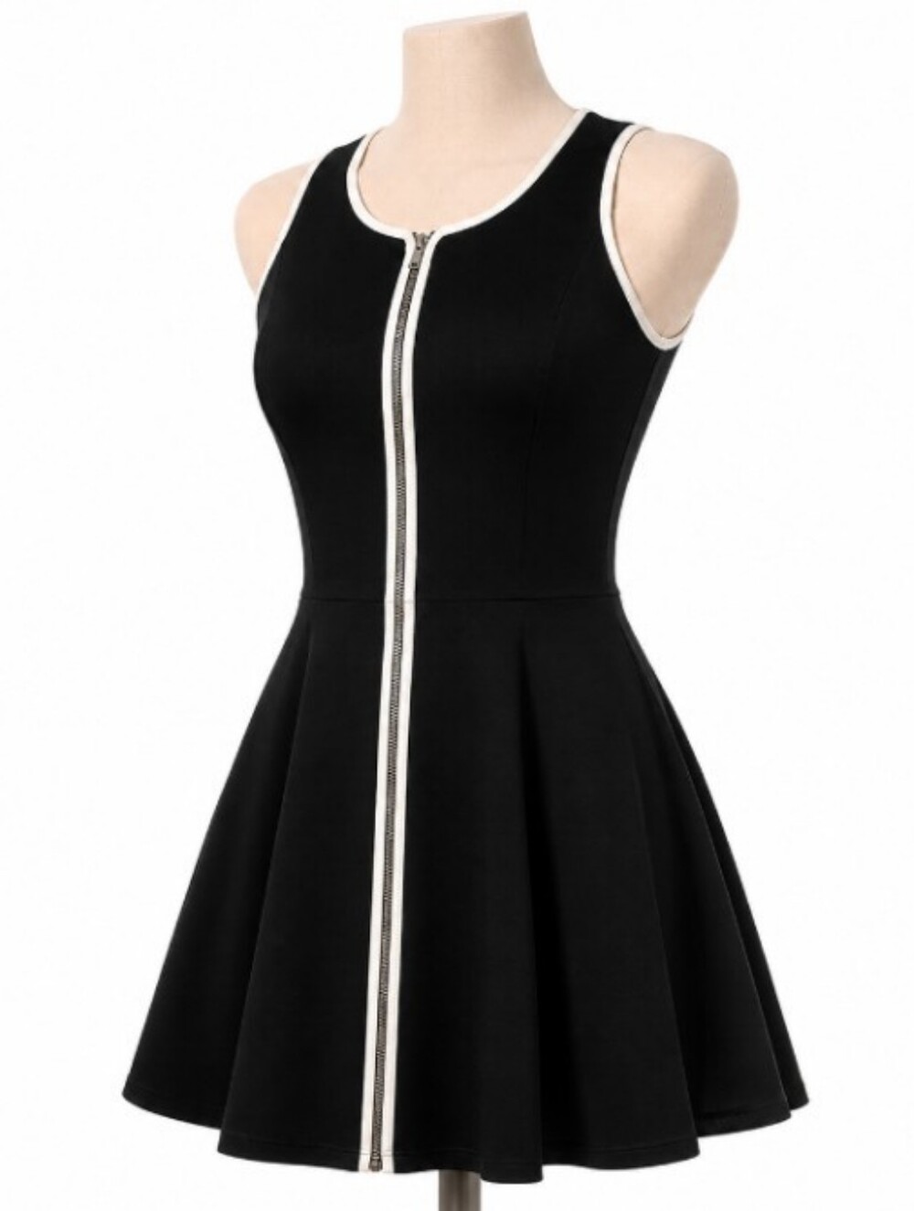 Betsey Johnson Y2K Fit & Flare Zip Front Mini Skater Dress Black White Trim Sz 4